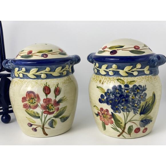 CIC Vintage Large Floral Salt and Pepper Shaker Set w Carrier/Holder - Picture 8 of 14